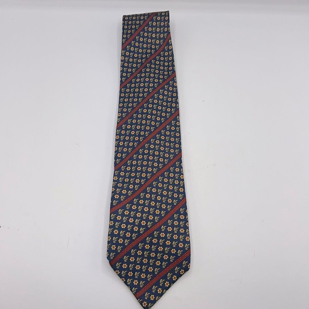 VERSACE CLASSIC V2 Navy Blue and Yellow Floral Pattern Silk Necktie